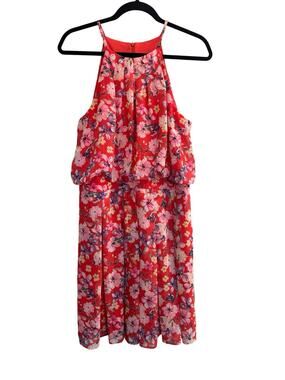 Eliza J Coral Floral Chiffon Halter Blouson Dress 12 Garden Party Chic #6953